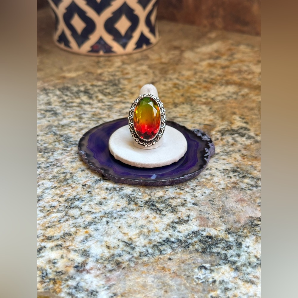 Silver Yellow Red Tourmaline Ring